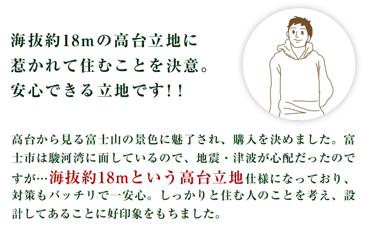 海抜約18mの高台立地に惹かれて住むことを決意。地震が来ても安心！！高台から見る富士山の景色に魅了され、購入を決めました。富士市は駿河湾に面しているので、地震・津波が心配だったのですが…海抜約18mという高台立地仕様になっており、対策もバッチリで一安心。しっかりと住む人のことを考え、設計してあることに好印象をもちました。