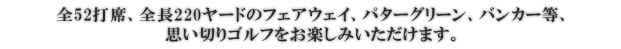 全52打席、全長220ヤードのフェアウェイ、パターグリーン、バンカーはもちろん、マッサージ室も備えた充実の設備、思い切りゴルフをお楽しみいただけます。