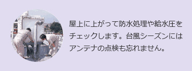 屋上に上がって防水処理や給水圧をチェックします。台風シーズンにはアンテナの点検も忘れません。