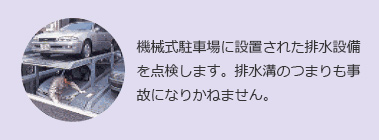 機械式駐車場に設置された排水設備を点検します。排水溝のつまりも事故になりかねません。